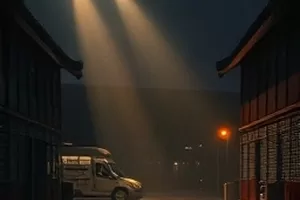 《二十一层》写字楼走廊剧照，封条与应急灯